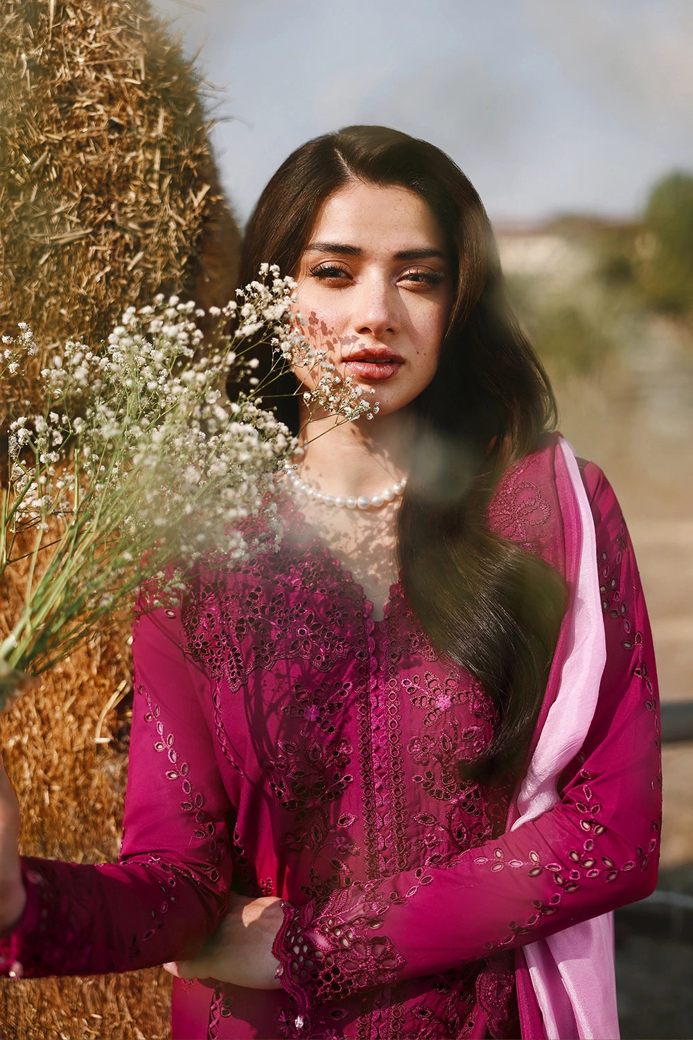 Luxury Cotton Lawn 2026 | Heavy Chicken Kari Embroidered Magenta 3-Piece Unstitched Suit | Contrast Chiffon Dupatta