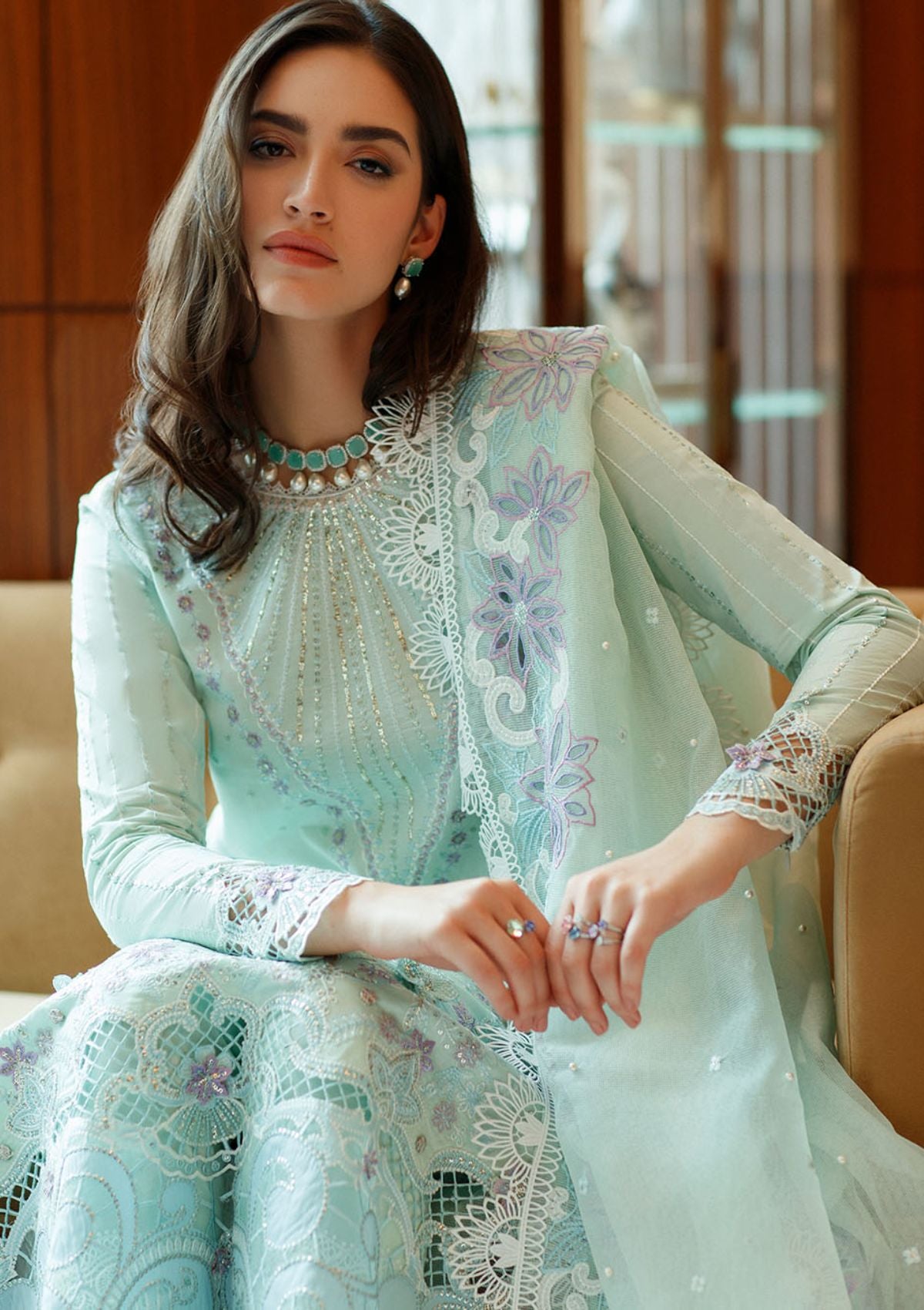 Mint Green Embroidered Organza Suit with Handwork |Ready to Wear