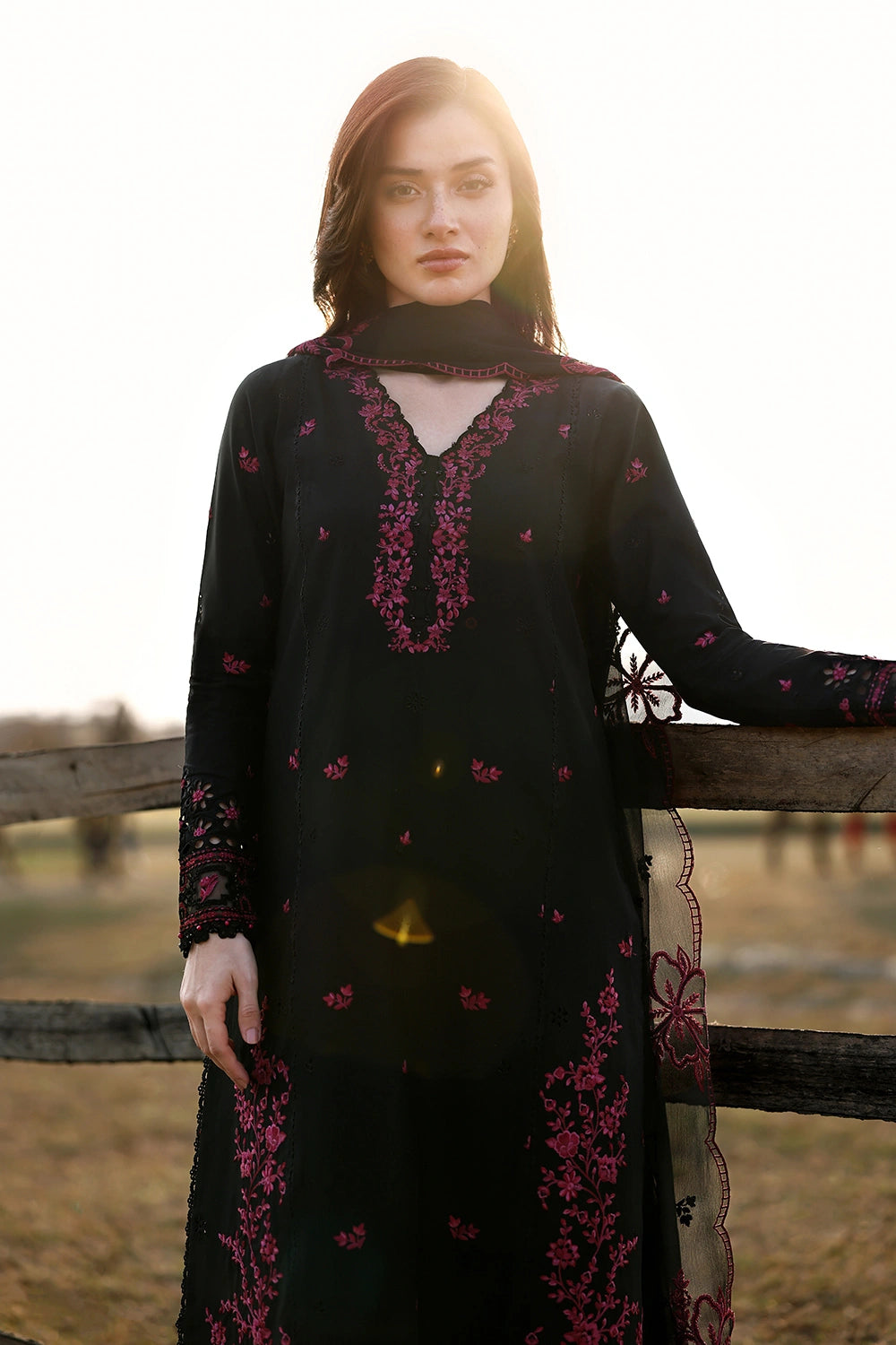 Embroidered Black Chiffon 3-Piece Suit | Organza Border with Malai Crepe Trouser &amp; Inner