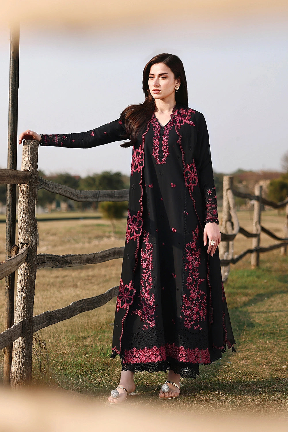 Embroidered Black Chiffon 3-Piece Suit | Organza Border with Malai Crepe Trouser &amp; Inner