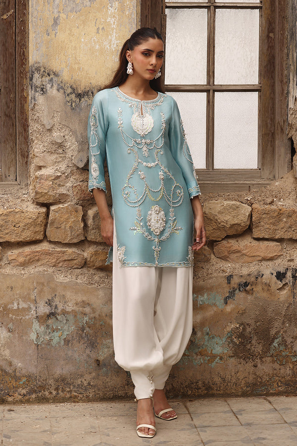Celeste Azure Raw Silk Addawork Festive Suit | RTW