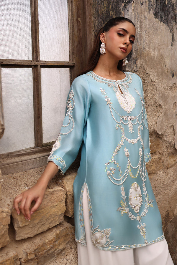 Celeste Azure Raw Silk Addawork Festive Suit | RTW