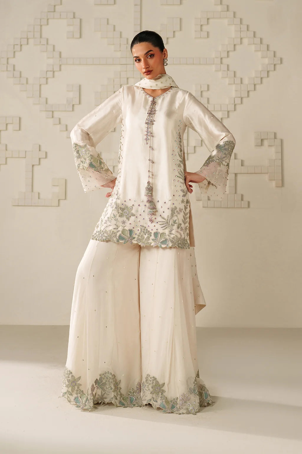 Ivory Bamber Chiffon Ready to Wear Embroidered Festive Suit