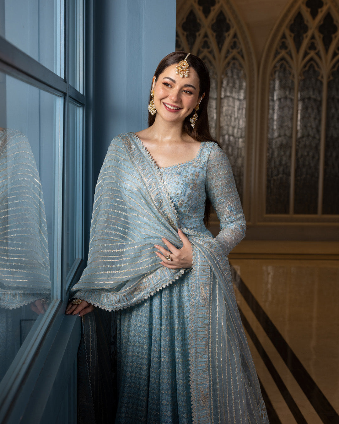 Ready to Wear Blue Embroidered Net Long Gown and Lehenga Set with Pouch