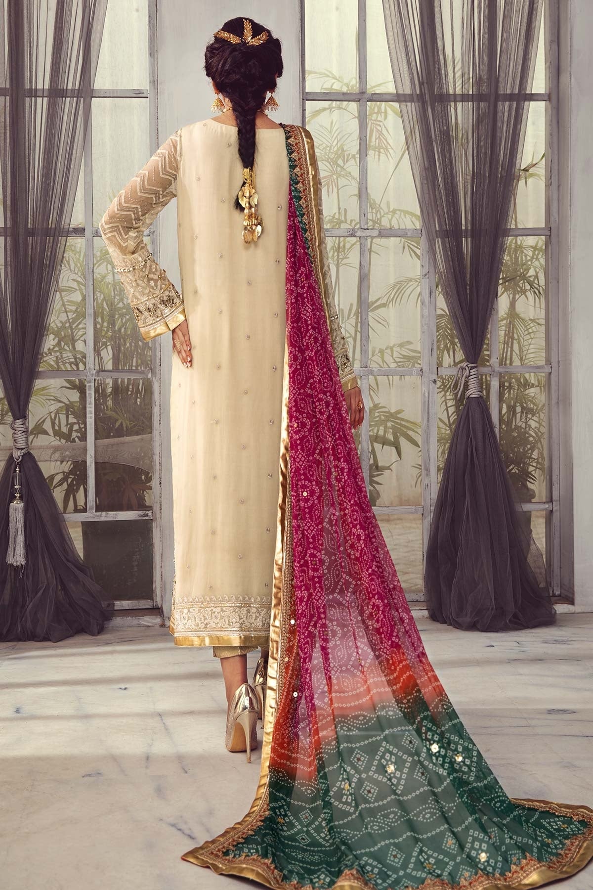 Beige Chiffon stitched with Addawork and Silk Dupatta |RTW