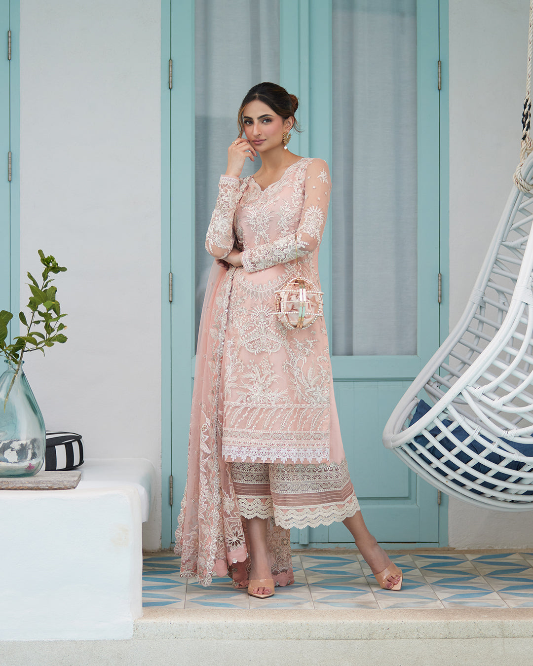 Pastel Pink Embroidered Net Luxury Suit |Ready to Wear