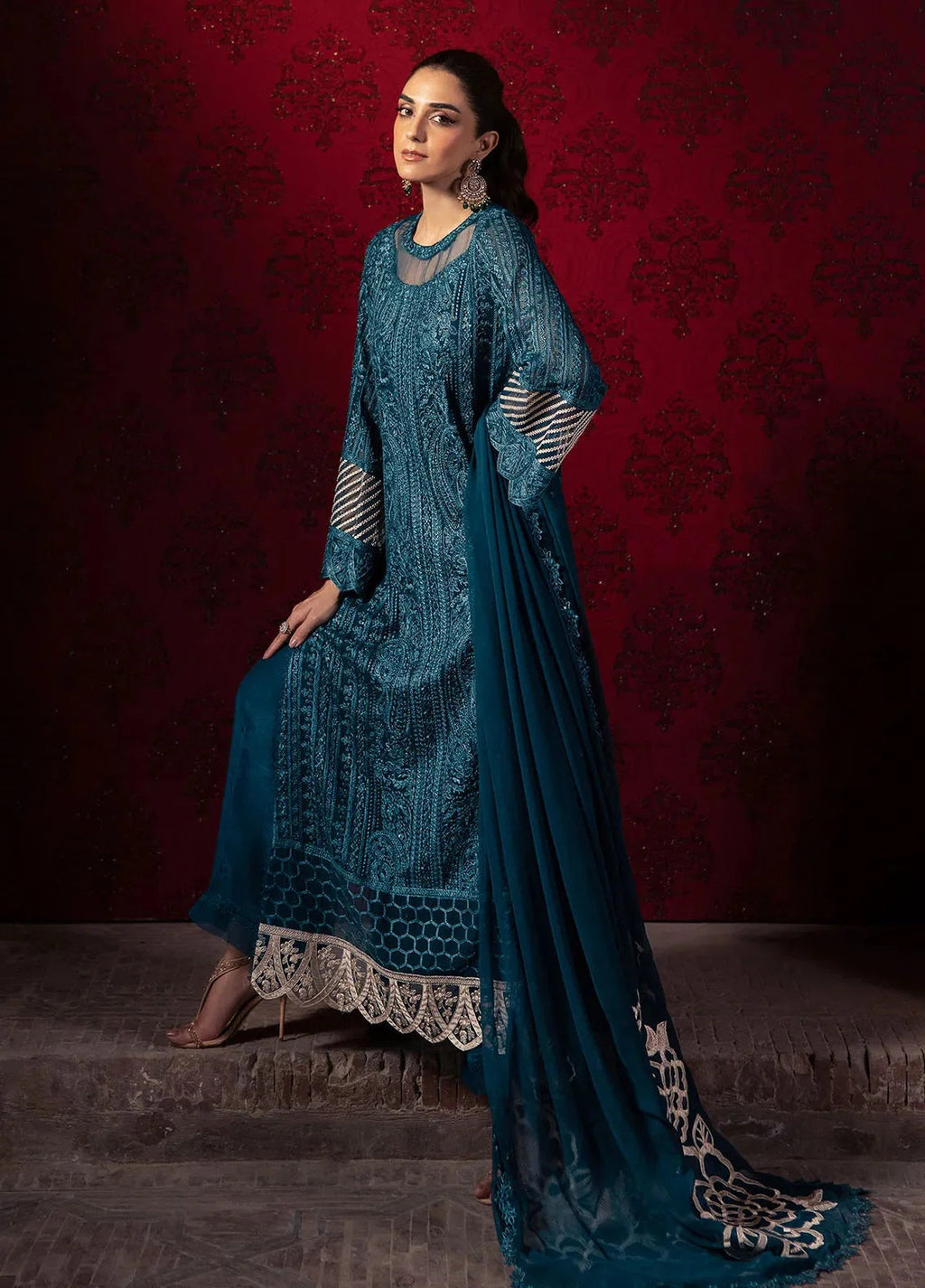 Luxury Deep Teal Heavy Embroidered Chiffon 3-Piece Formal Suit | RTW