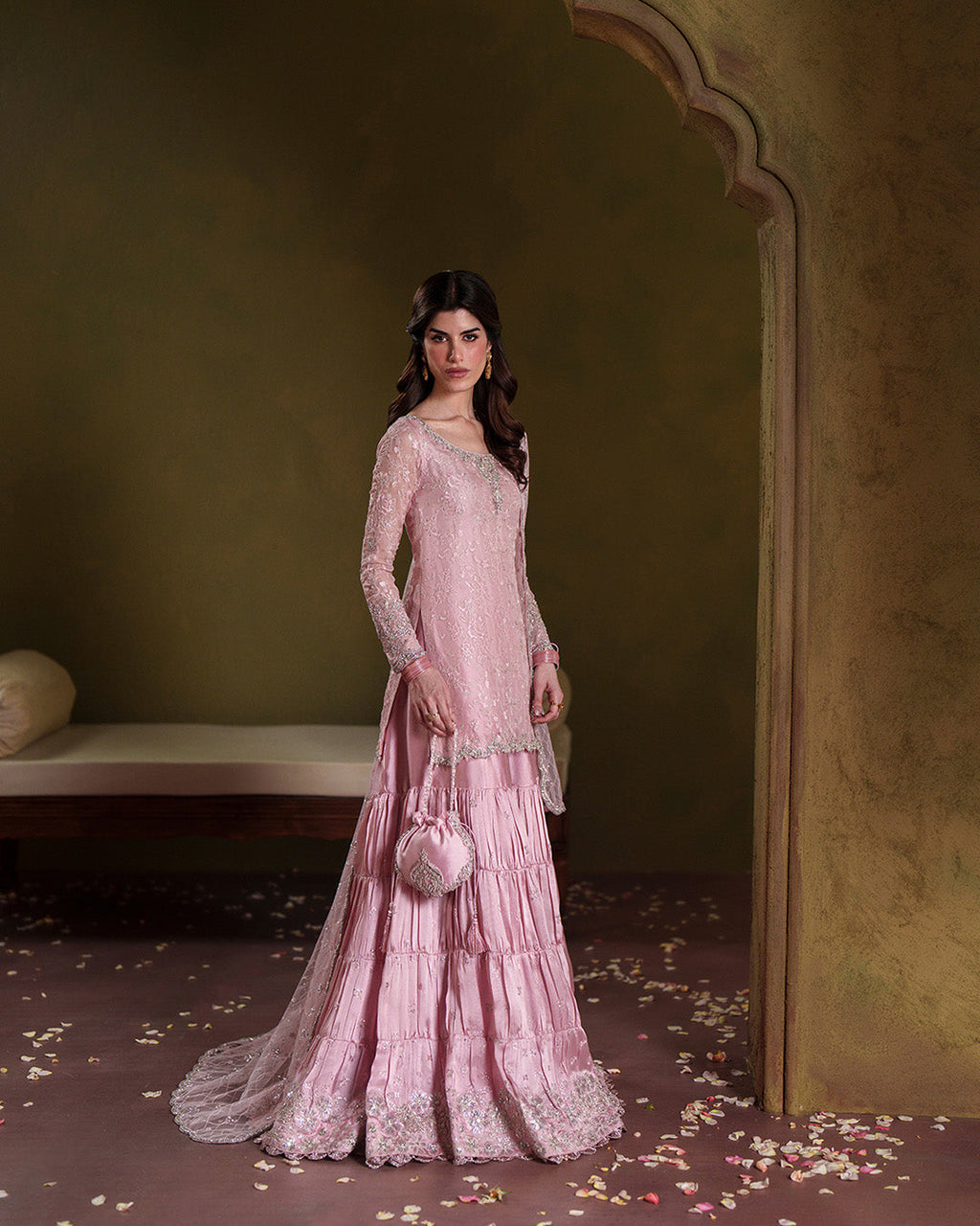 Pink Chiffon Gharara Set with Potli Pouch |Ready to Wear