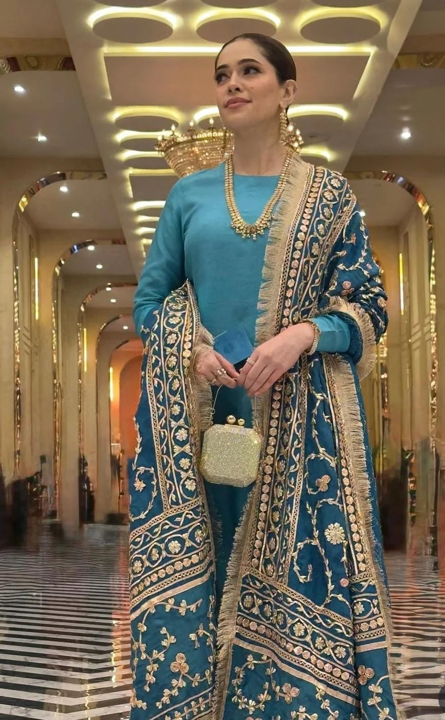 Teal Blue Plain Silk Ready to Wear Russian Silk Shawl Suit