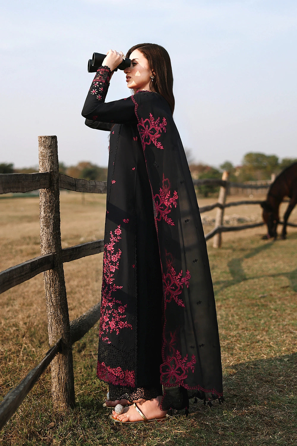 Embroidered Black Chiffon 3-Piece Suit | Organza Border with Malai Crepe Trouser &amp; Inner
