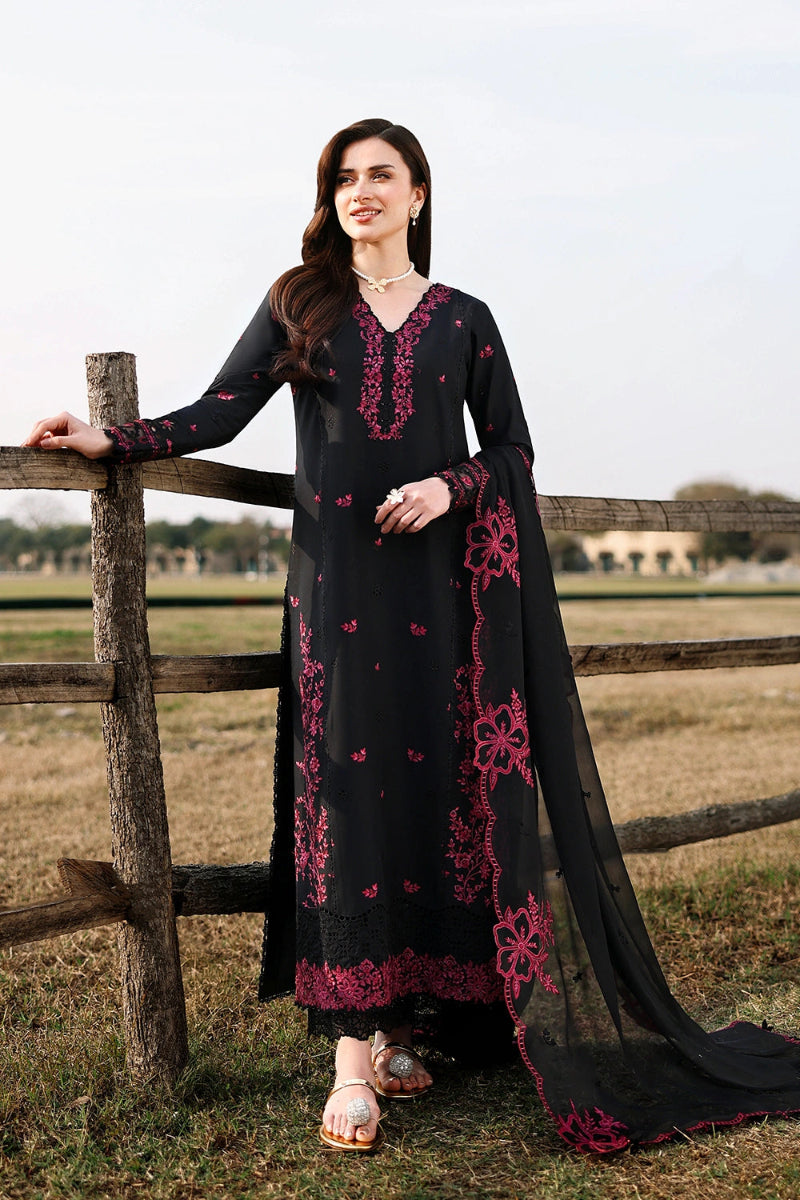 Embroidered Black Chiffon 3-Piece Suit | Organza Border with Malai Crepe Trouser &amp; Inner