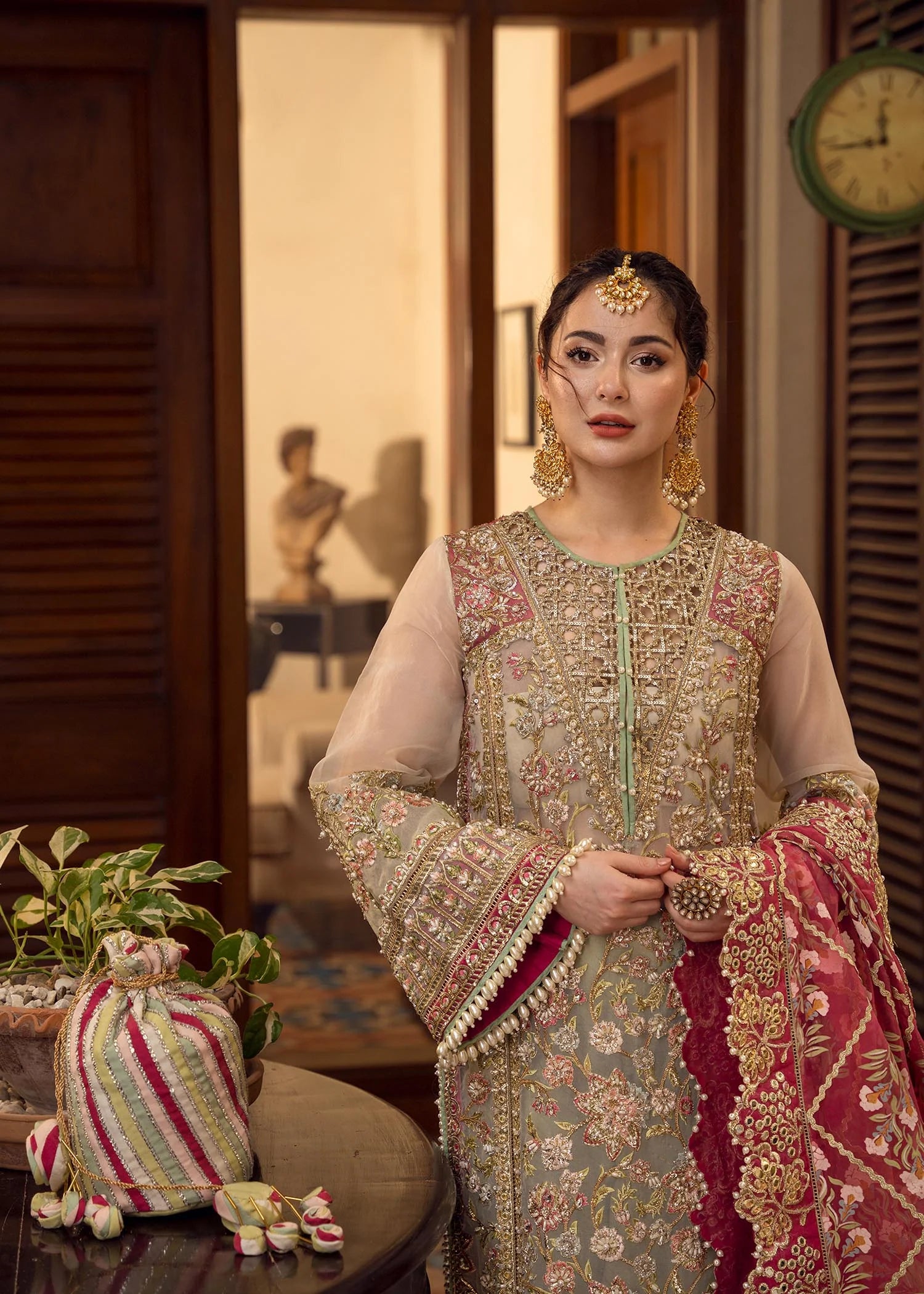 Pistachio & Crimson - 3 Piece Heavy Embroidered Suit | Ready To Wear