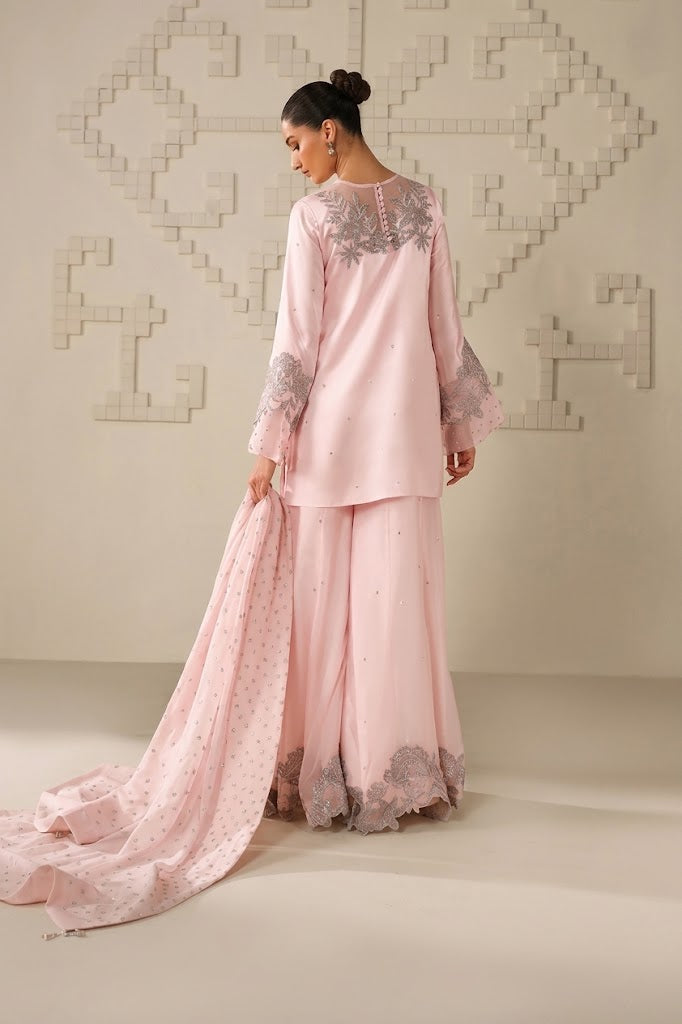 Blushing Pink Bamber Chiffon Ready to Wear Embroidered Festive Suit
