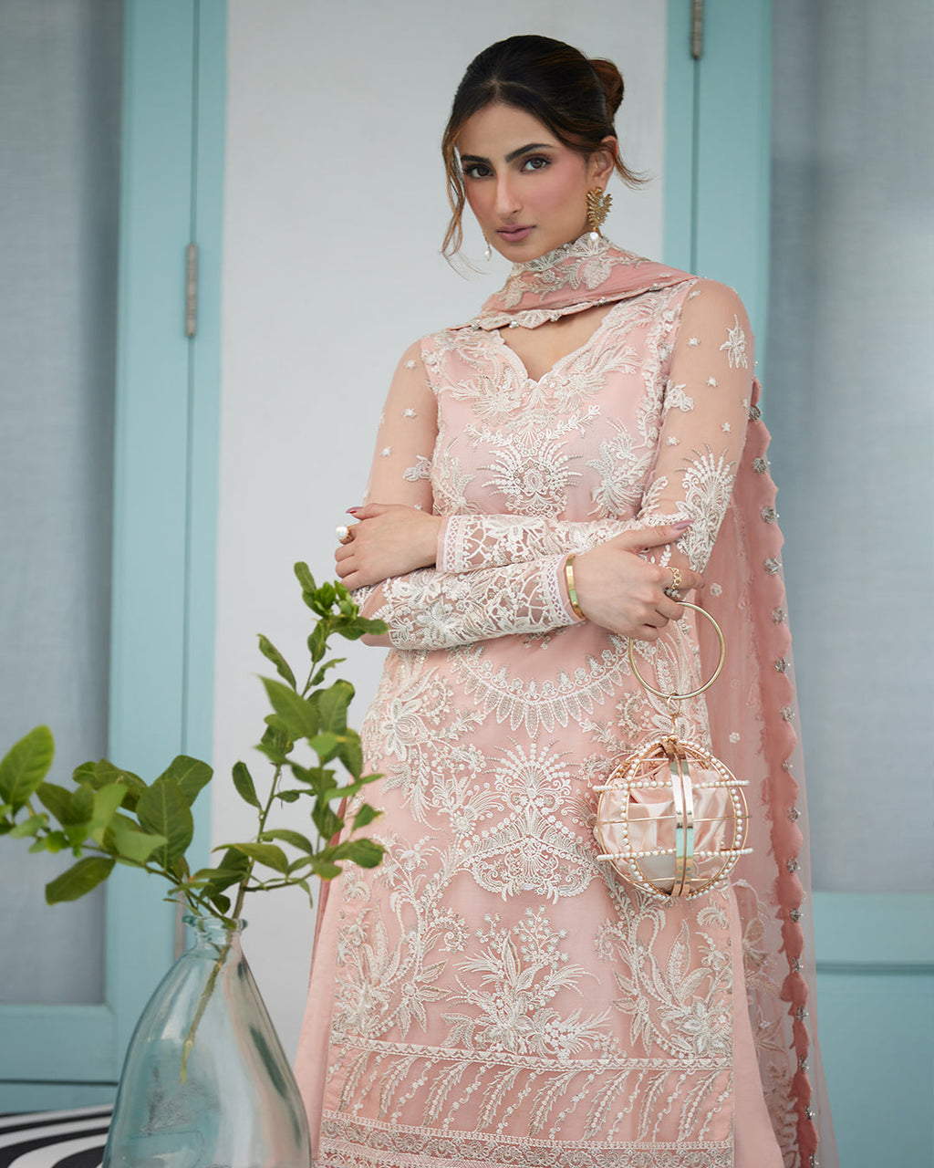 Pastel Pink Embroidered Net Luxury Suit |Ready to Wear