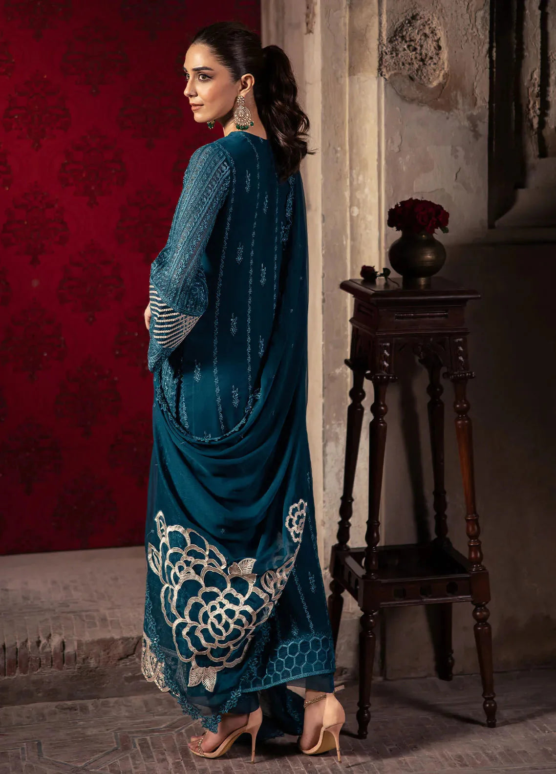 Luxury Deep Teal Heavy Embroidered Chiffon 3-Piece Formal Suit | RTW