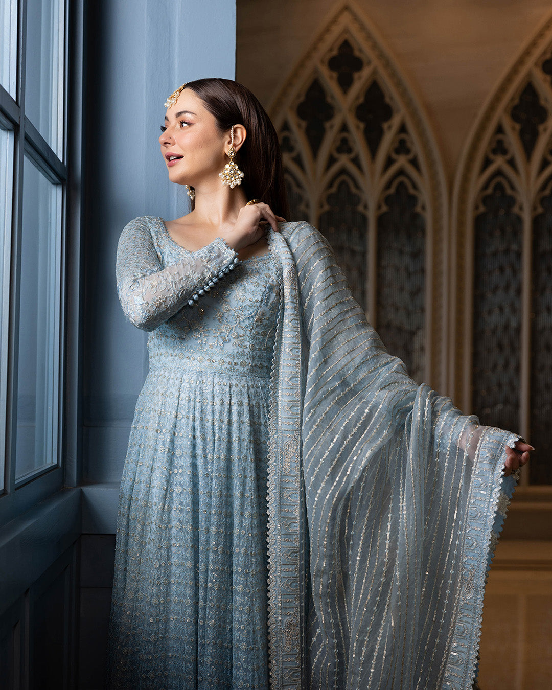 Ready to Wear Blue Embroidered Net Long Gown and Lehenga Set with Pouch