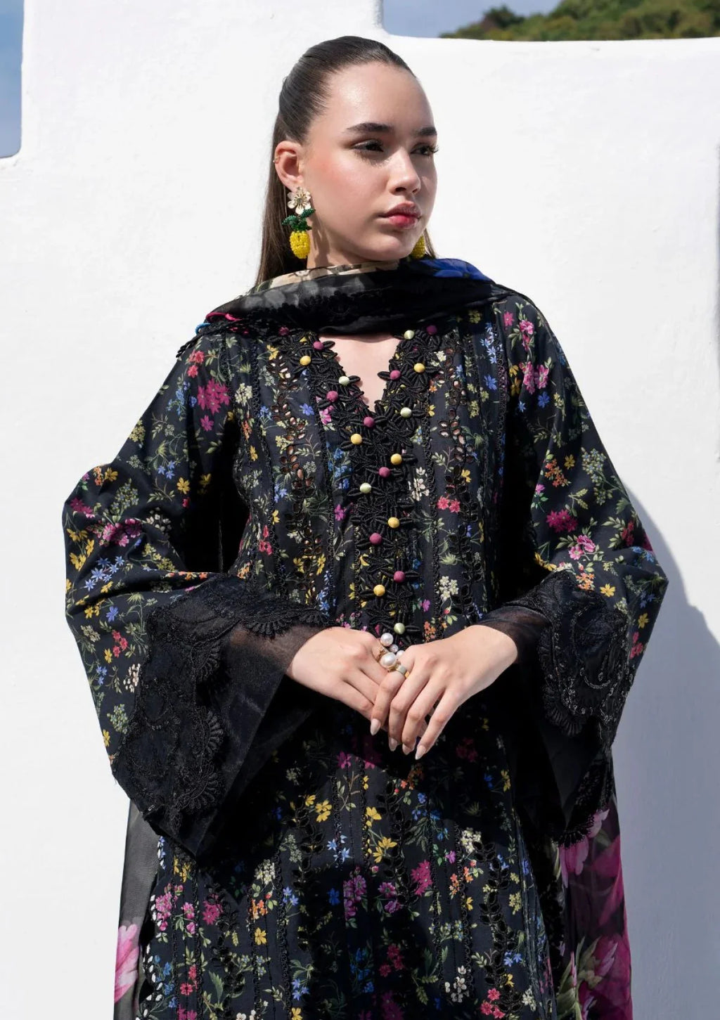 Midnight Bloom - 3Piece Black Suit with Flared Palazzos | Ready To Wear