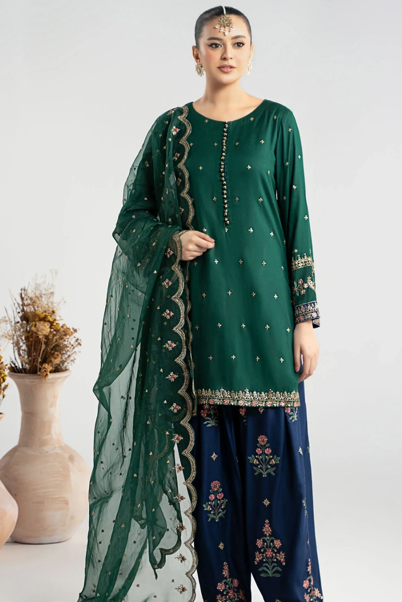 Dark Green Sequence Embroidered Lawn Suit with Navy Blue Trouser | Ready to Wear