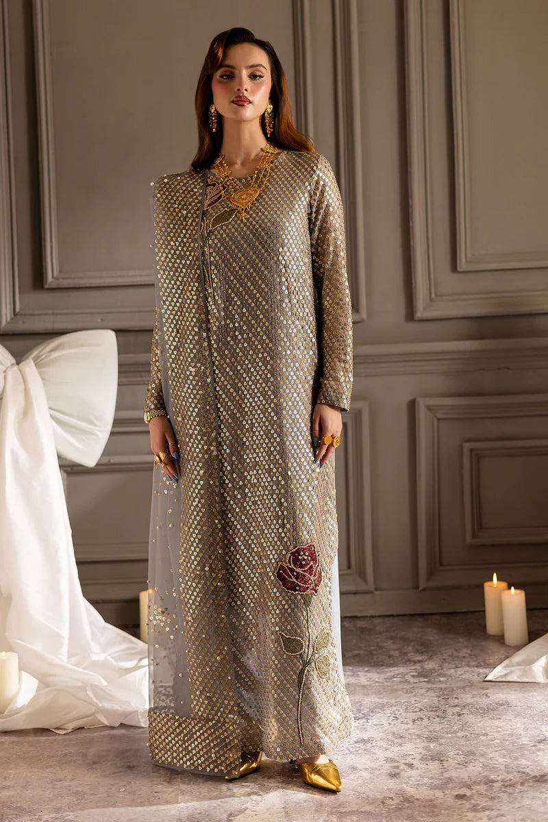 Metallic Grey & Gold Embellished - Embroidered Suit | Ready To Wear