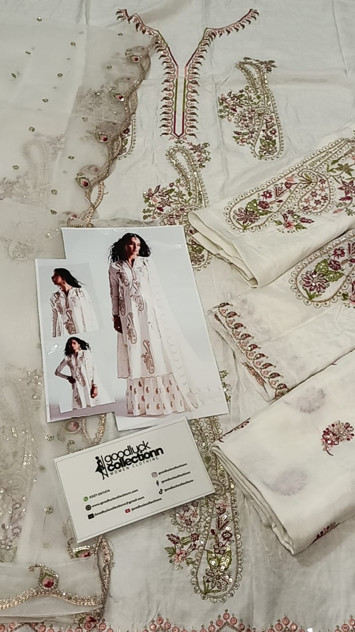 Cotton Silk Embroidered Ivory Paisley 3-Piece Suit | Multicolor Embroidery & Organza Dupatta