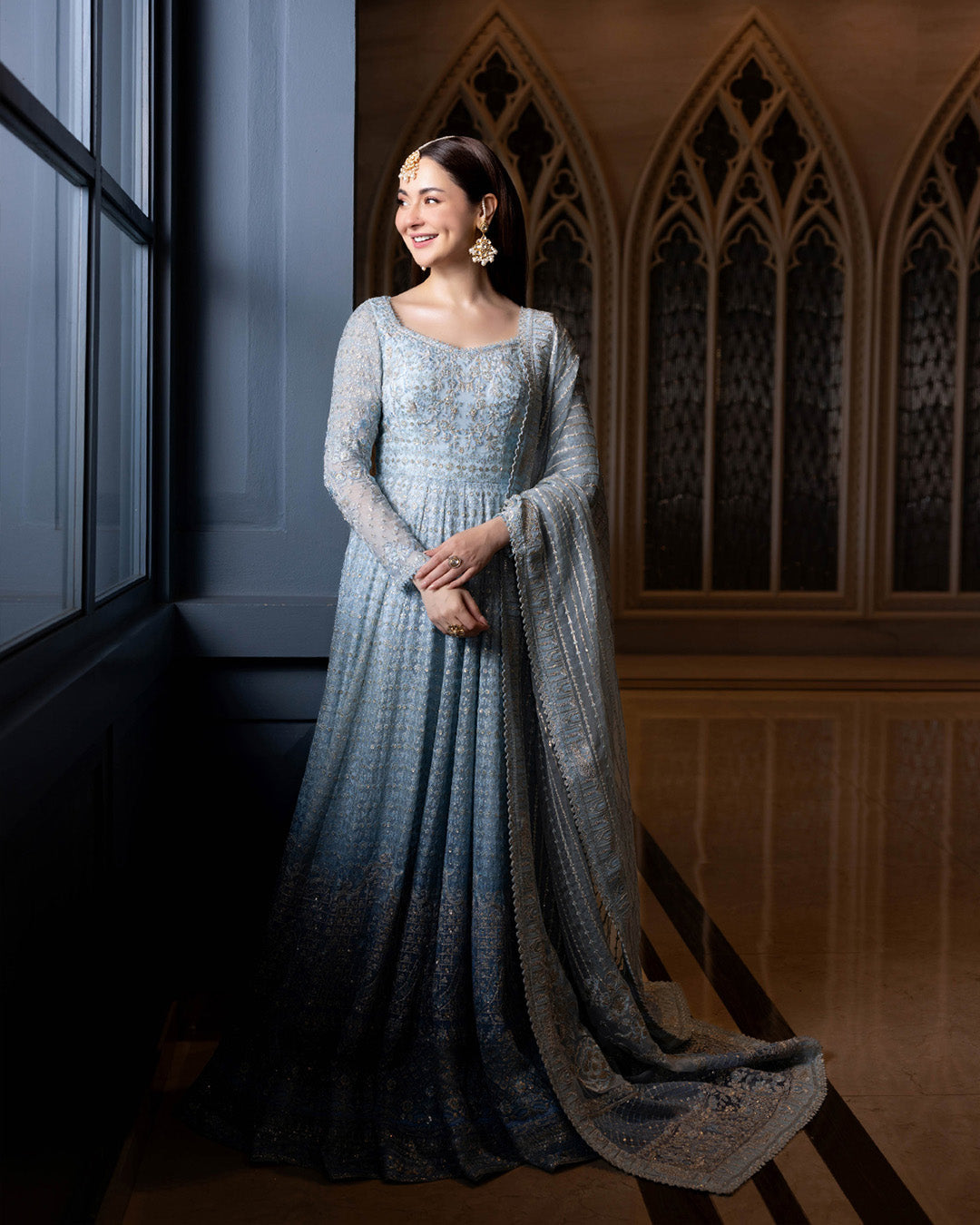 Ready to Wear Blue Embroidered Net Long Gown and Lehenga Set with Pouch