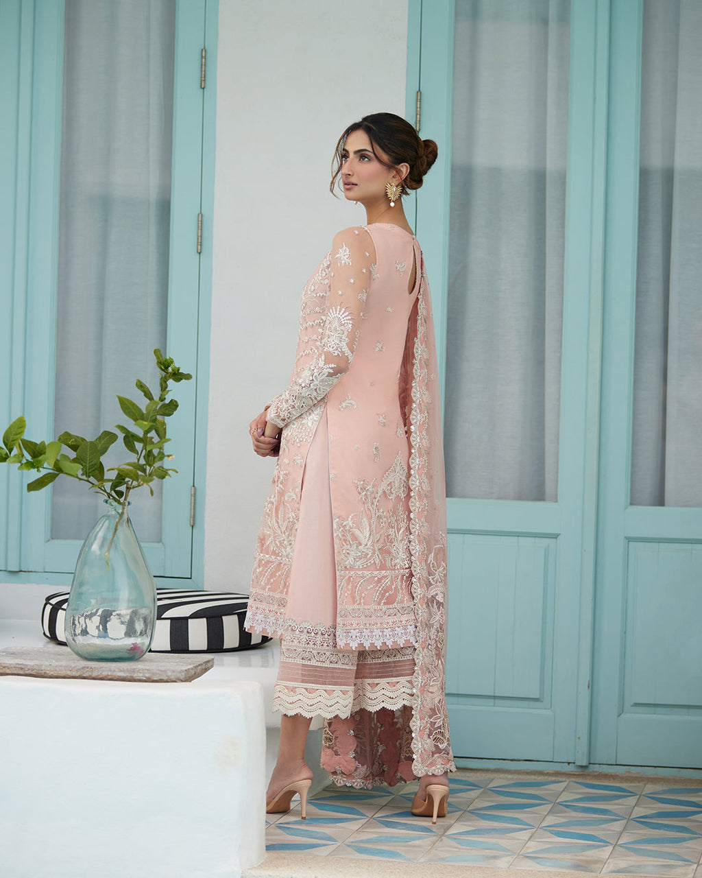 Pastel Pink Embroidered Net Luxury Suit |Ready to Wear