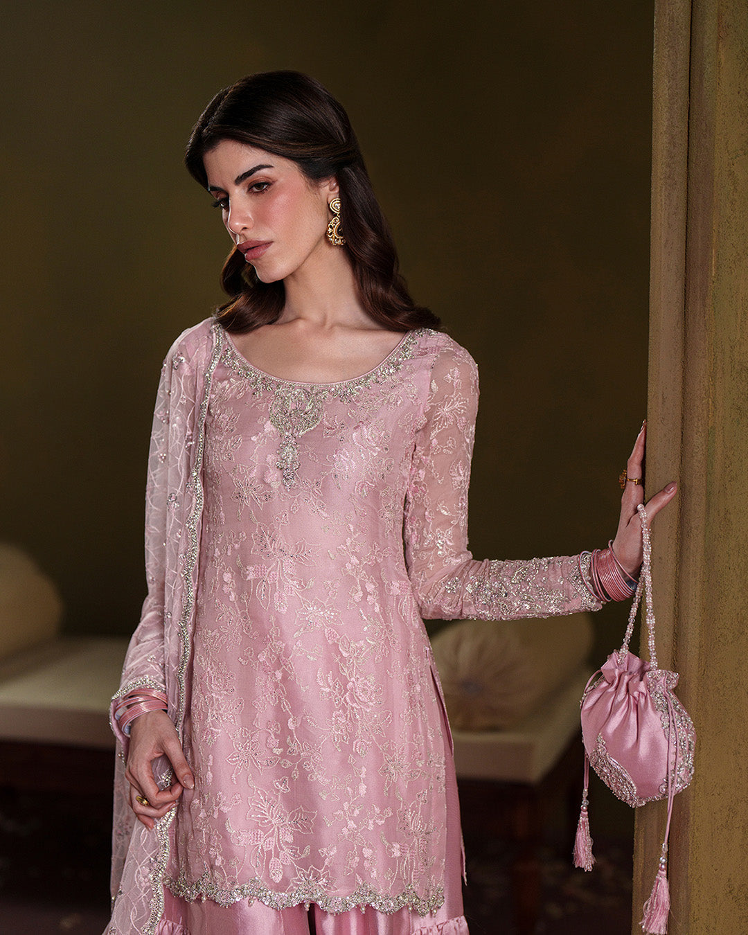 Pink Chiffon Gharara Set with Potli Pouch |Ready to Wear