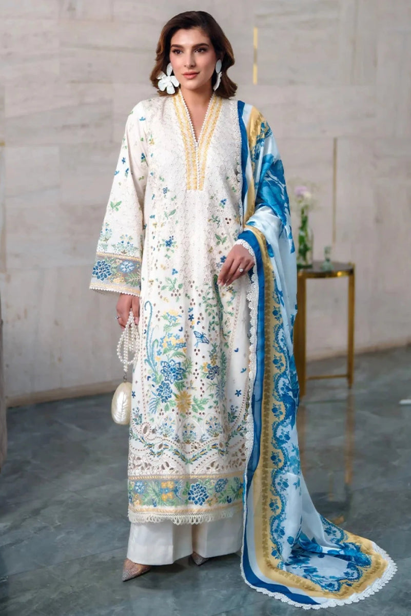 Off-White Embroidered Chikankari Lawn Suit with Silk Dupatta | RTW