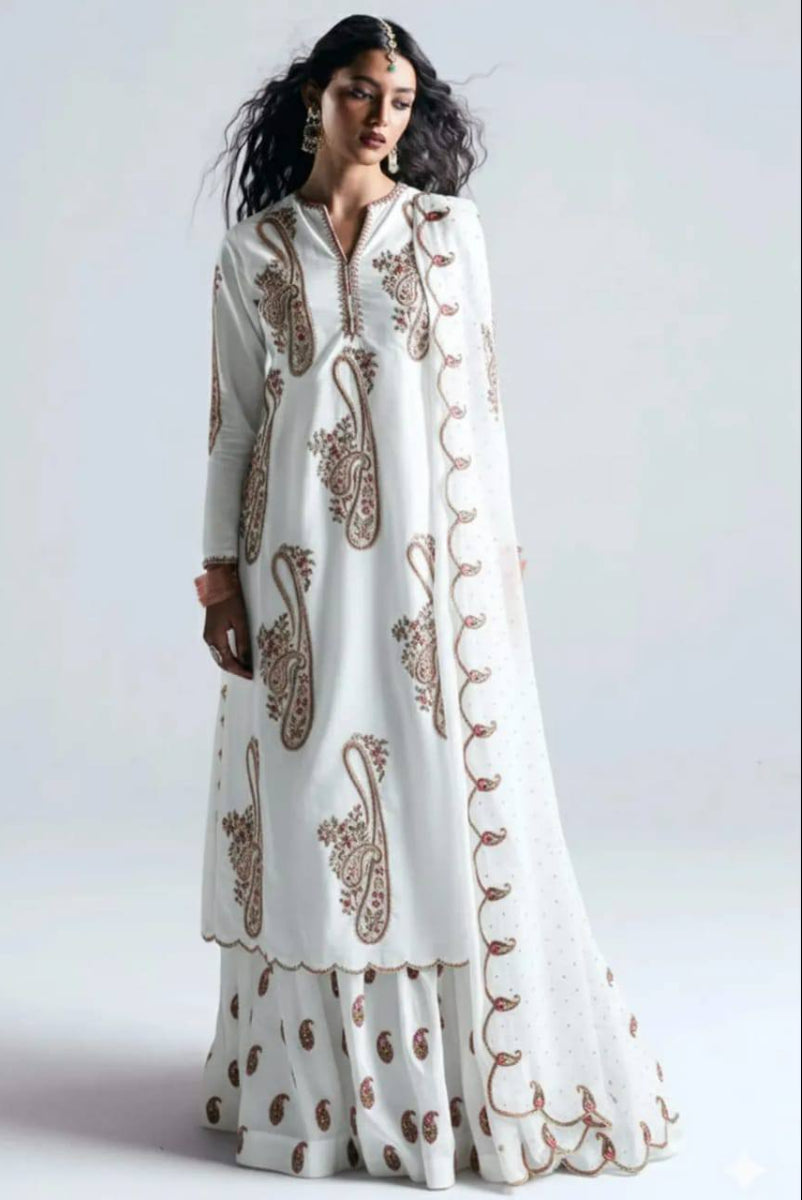 Cotton Silk Embroidered Ivory Paisley 3-Piece Suit | Multicolor Embroidery & Organza Dupatta