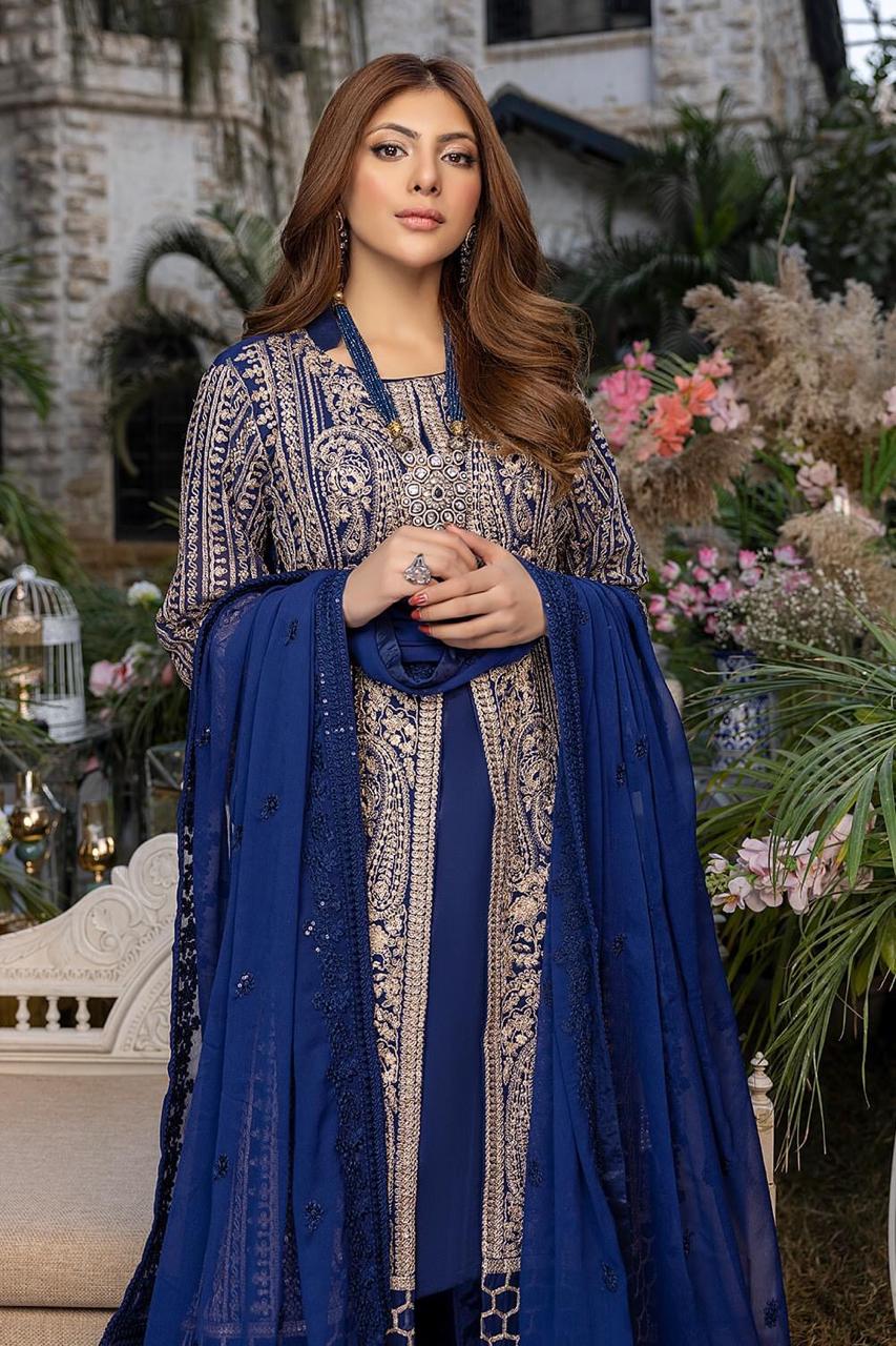 Semi Pure Chiffon Royal Blue Sequence Embroidered 3-Piece Suit | Dyed Malai Trouser &amp; Inner