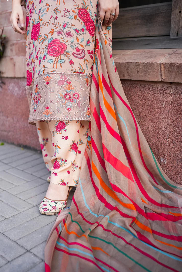 Sand & Coral Flora - 3 Piece Embroidered Lawn Suit | Ready To Wear