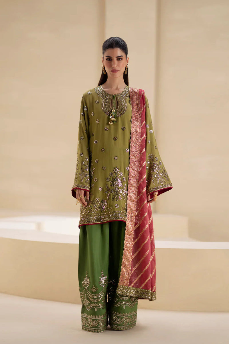 Olive Green Pure Indian Chiffon Farshi Shalwar Suit | Ready to Wear