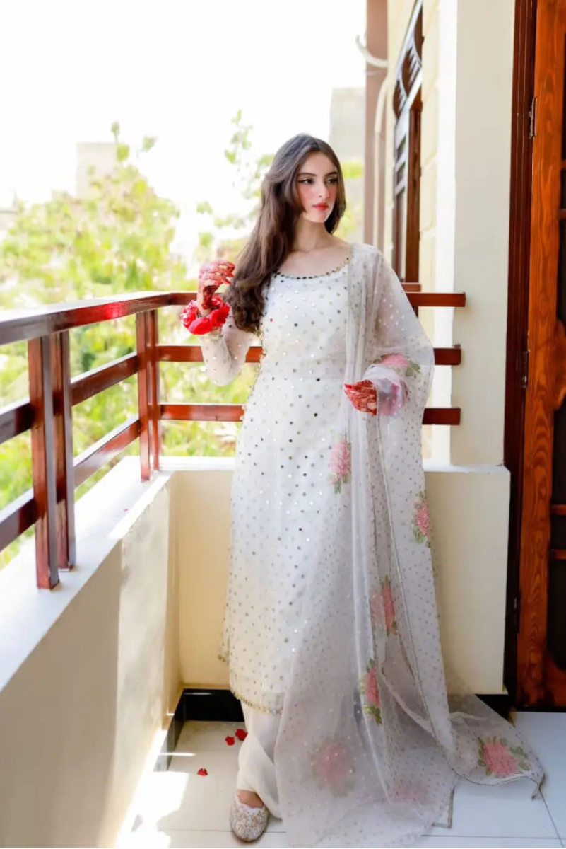 Heavy Embroidered White Chiffon 3-Piece Suit | 9MM Sequin Work with Floral Embroidered Dupatta