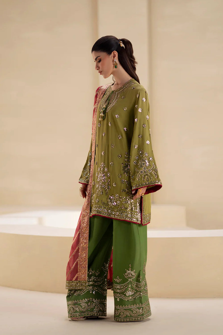 Olive Green Pure Indian Chiffon Farshi Shalwar Suit | Ready to Wear