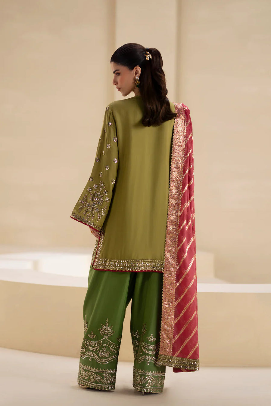 Olive Green Pure Indian Chiffon Farshi Shalwar Suit | Ready to Wear