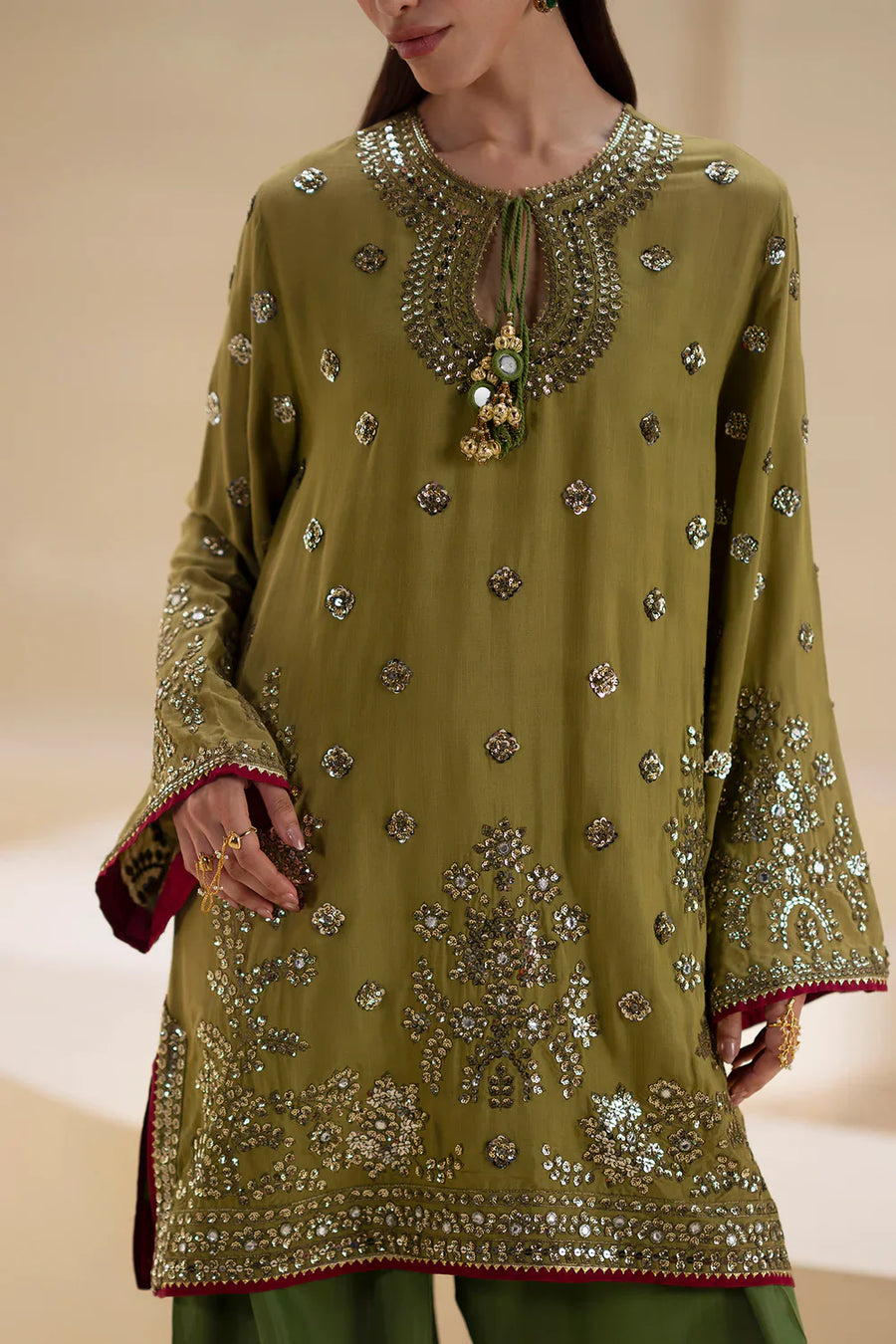 Olive Green Pure Indian Chiffon Farshi Shalwar Suit | Ready to Wear