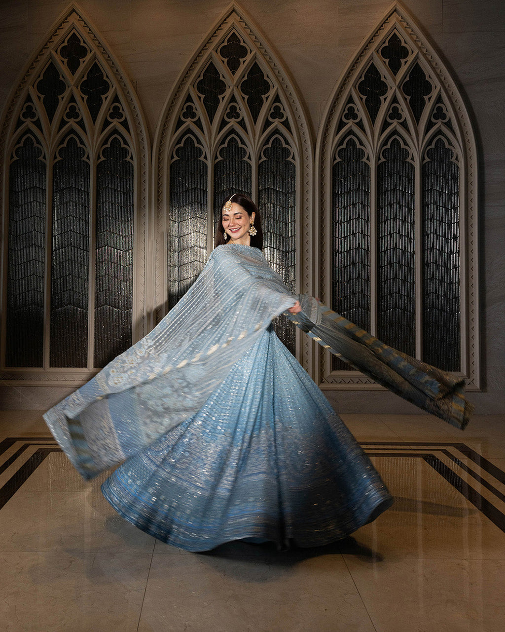 Ready to Wear Blue Embroidered Net Long Gown and Lehenga Set with Pouch