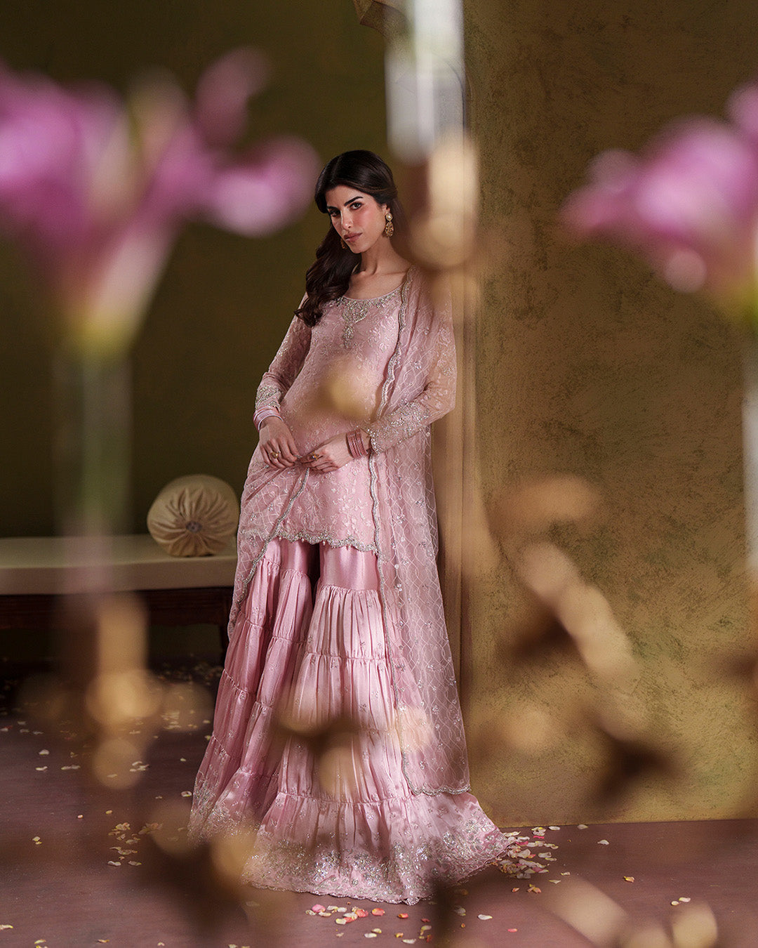 Pink Chiffon Gharara Set with Potli Pouch |Ready to Wear
