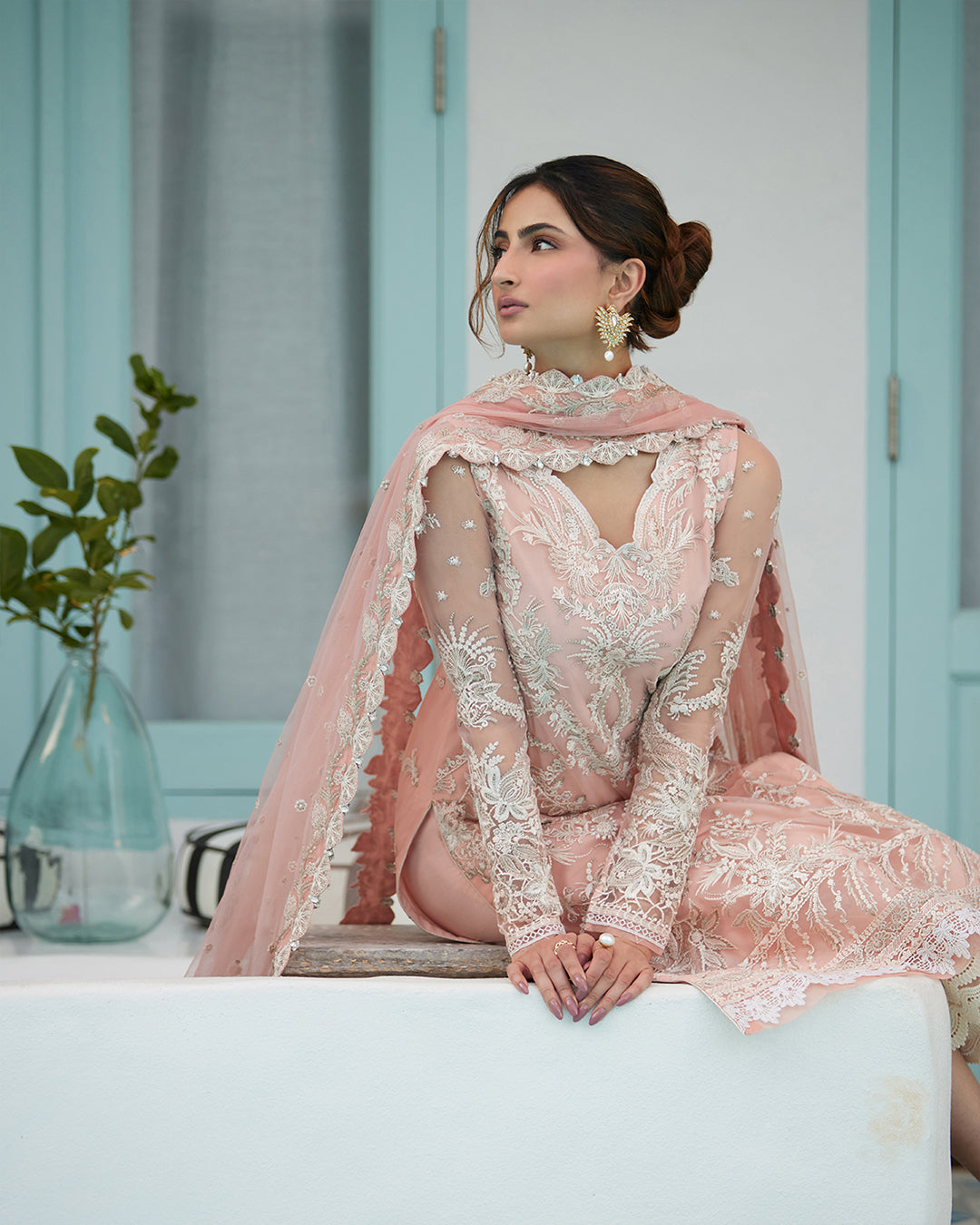 Pastel Pink Embroidered Net Luxury Suit |Ready to Wear