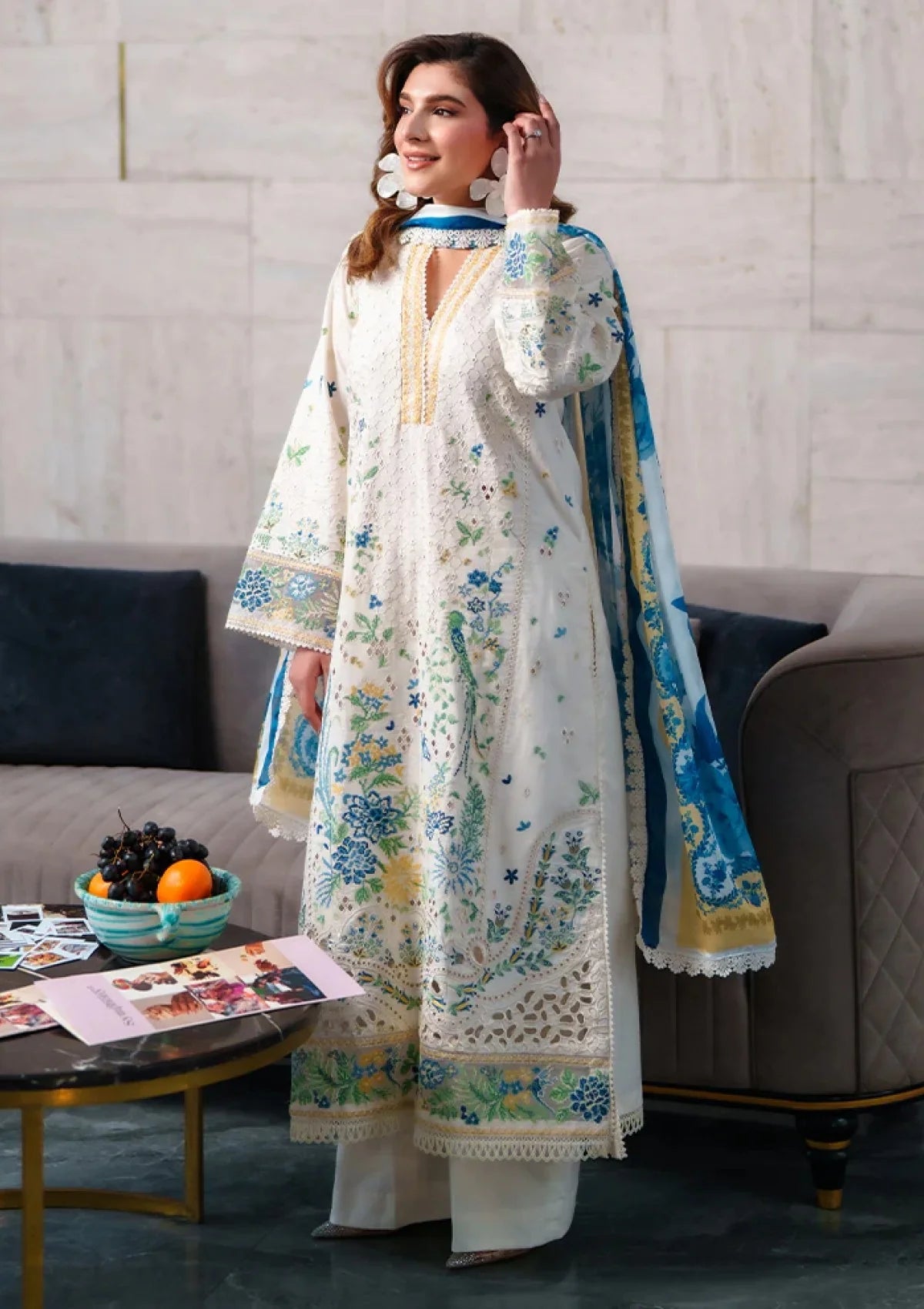 Off-White Embroidered Chikankari Lawn Suit with Silk Dupatta | RTW