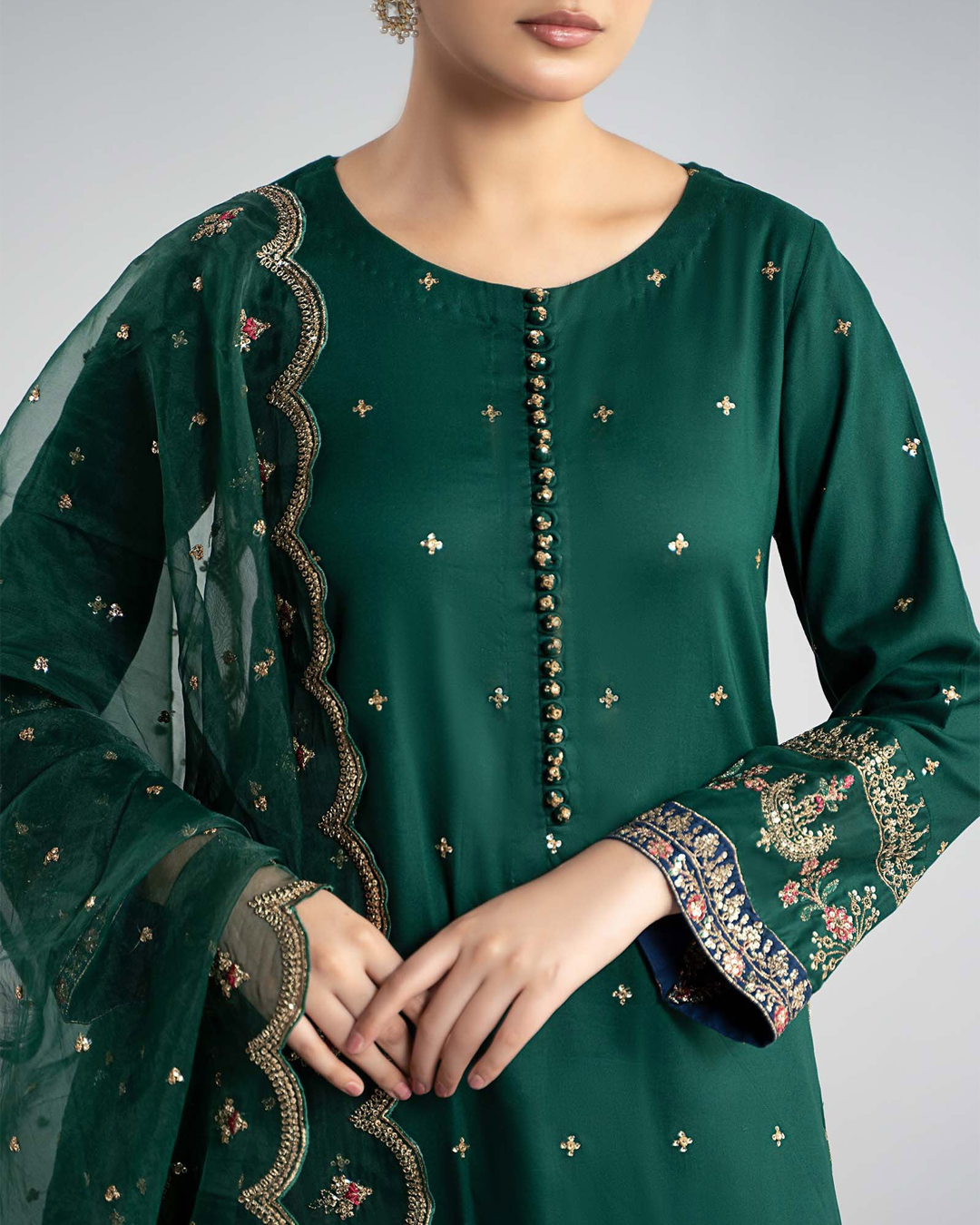 Dark Green Sequence Embroidered Lawn Suit with Navy Blue Trouser | Ready to Wear