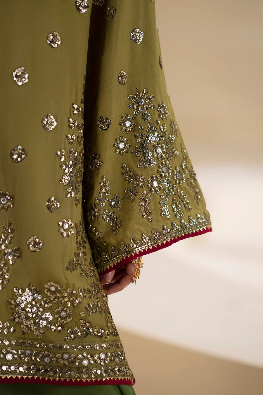 Olive Green Pure Indian Chiffon Farshi Shalwar Suit | Ready to Wear
