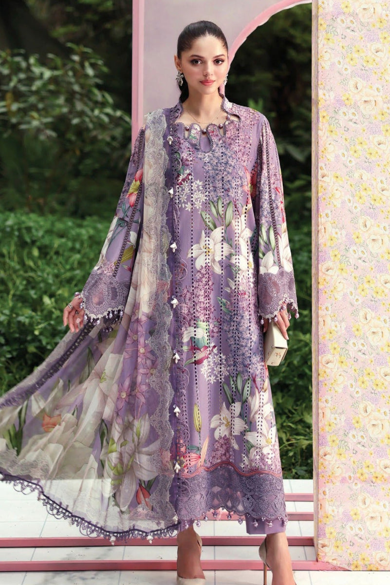 Printed Lawn 2026 | Heavy Schiffli Embroidered Purple Floral 3-Piece Stitched Suit | Spangle Neckline & Chiffon Dupatta