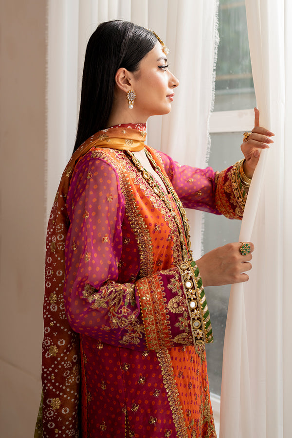 Luxury Chiffon Mehndi Collection | Heavy Embroidered Panelled 3-Piece Suit | Chunri Dupatta & Potli Bag