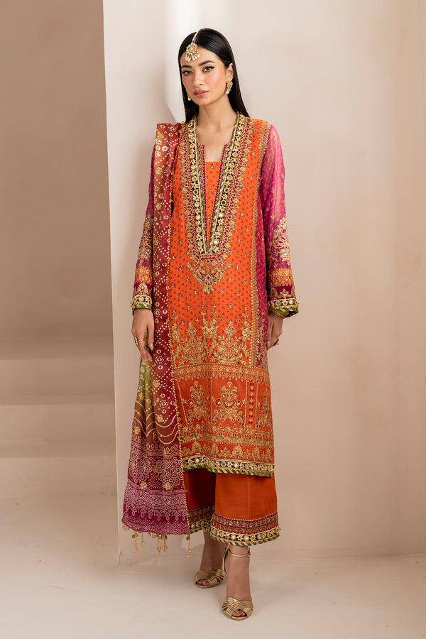 Luxury Chiffon Mehndi Collection | Heavy Embroidered Panelled 3-Piece Suit | Chunri Dupatta & Potli Bag