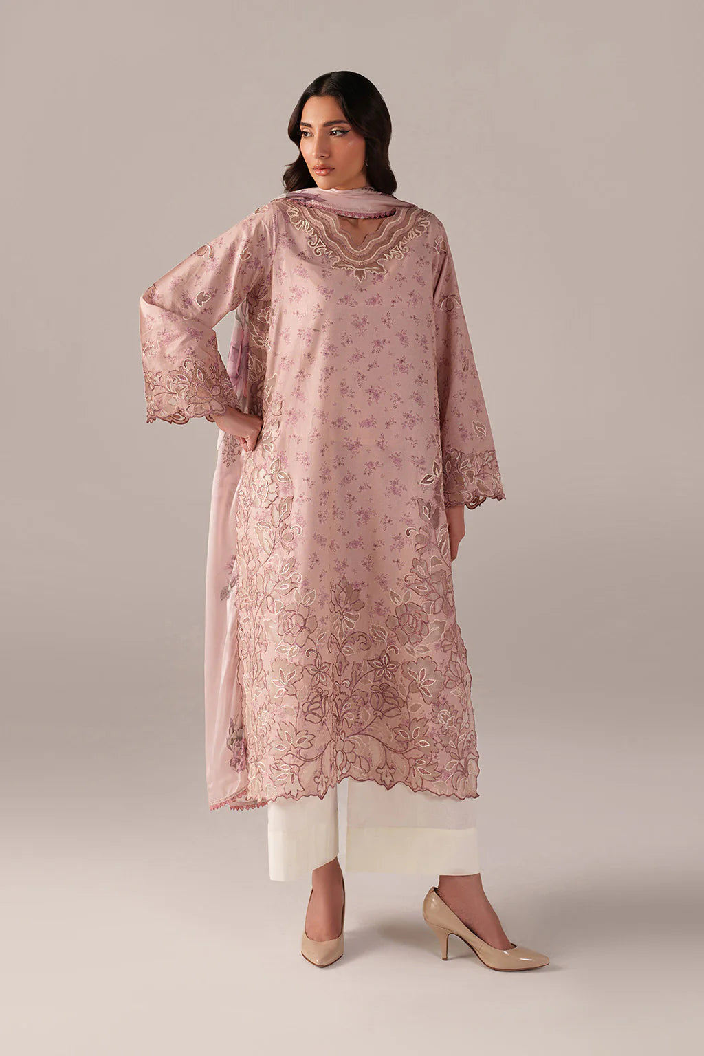 Pastel Pink -Lawn Suit With Chiffon Dupatta | Ready To Wear
