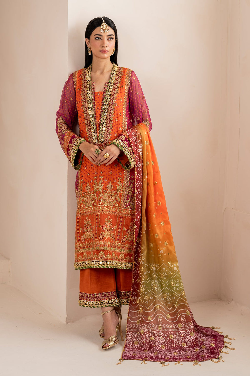 Luxury Chiffon Mehndi Collection | Heavy Embroidered Panelled 3-Piece Suit | Chunri Dupatta & Potli Bag