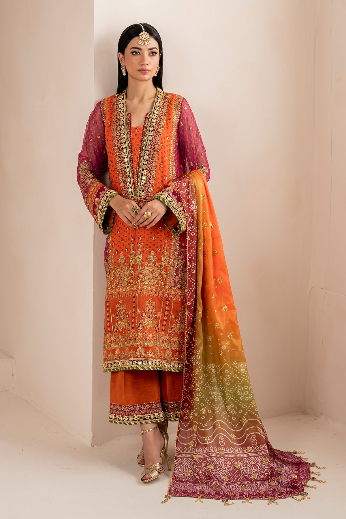 Luxury Chiffon Mehndi Collection | Heavy Embroidered Panelled 3-Piece Suit | Chunri Dupatta & Potli Bag