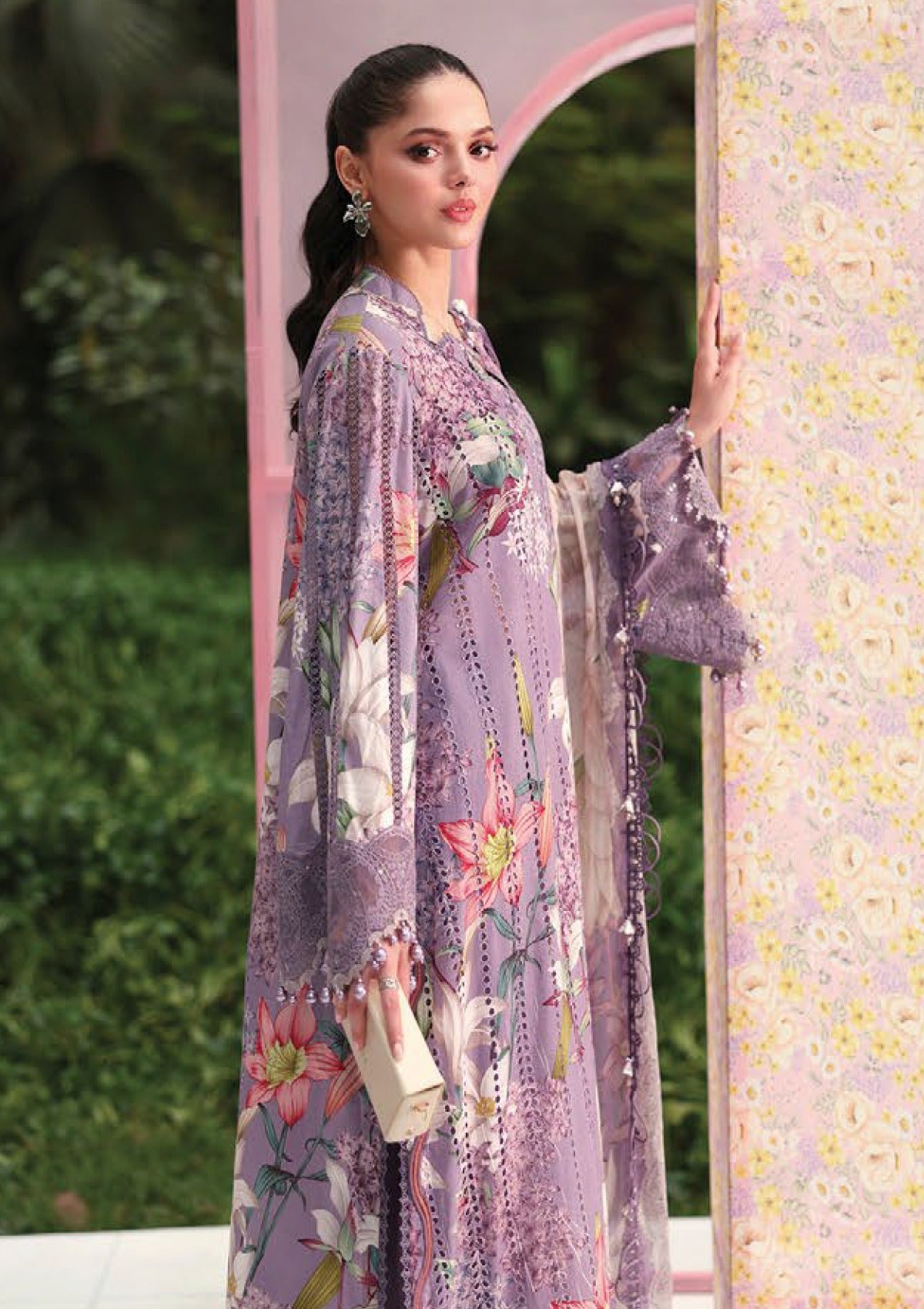 Printed Lawn 2026 | Heavy Schiffli Embroidered Purple Floral 3-Piece Stitched Suit | Spangle Neckline & Chiffon Dupatta