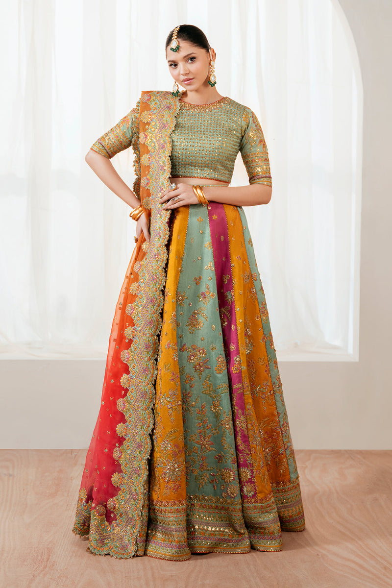 Luxury Silk Bridal Lehenga 2026 | Heavy Embroidered Multicolor Mehndi 3-Piece Set | Organza Dupatta & Clutch